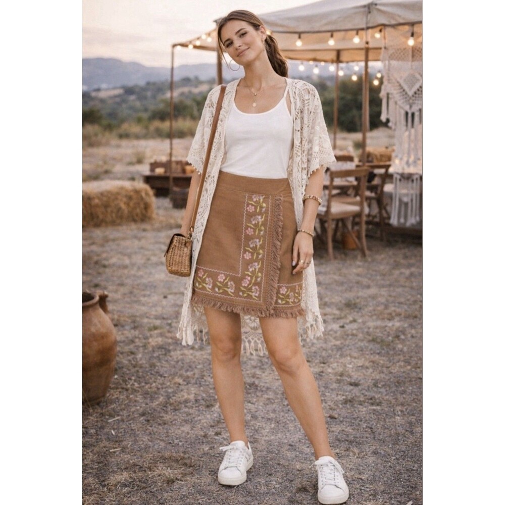 Spartina 449 Octavia Linen Mini Skirt  Embroidery Floral Boho Vacation Fringe 4